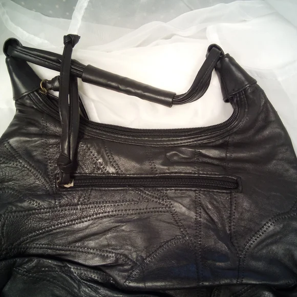 Vintage Black Leather Bag with Brown and Gold Accents - Picture 2 of 4